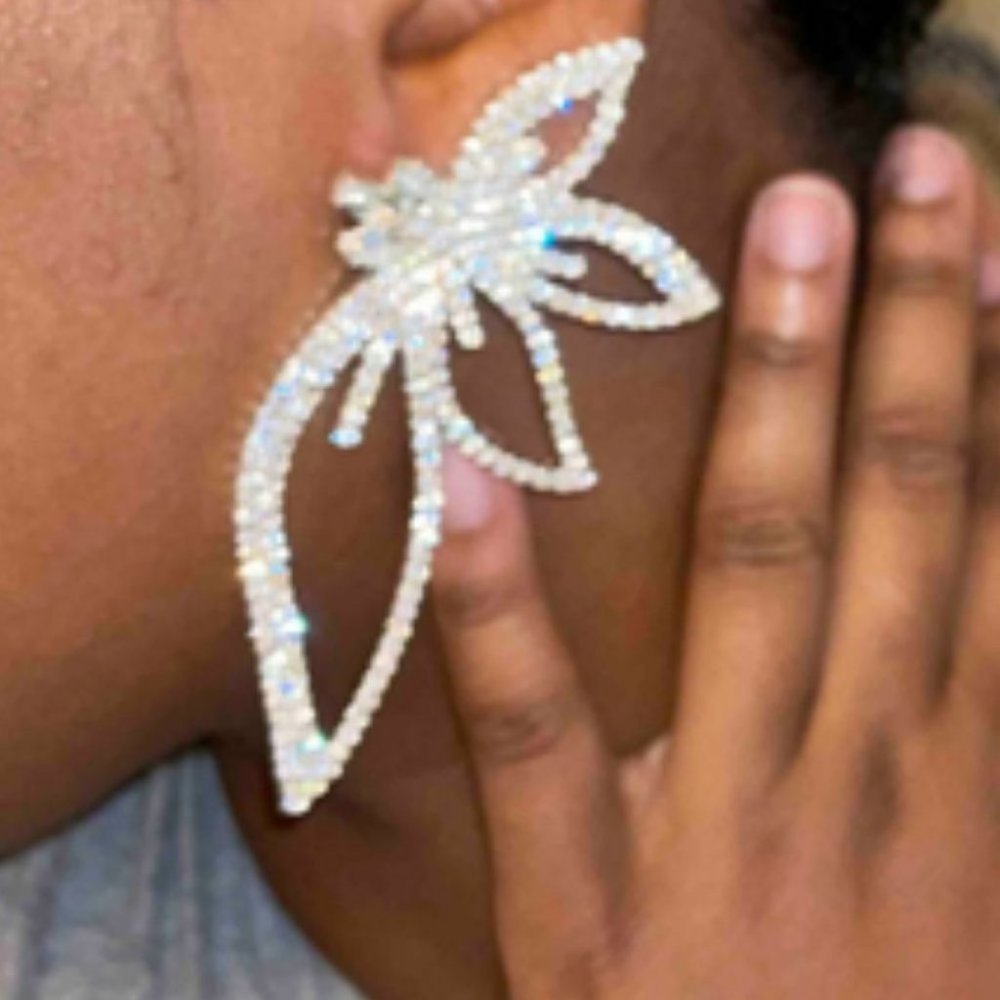 Rhinestone Leaf Design Studded Silver Earrings - Picture 5 of 12